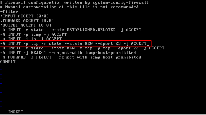 Input accept. Telnet. System-config-Firewall. Telnet configuration. Etc/config/Firewall default.